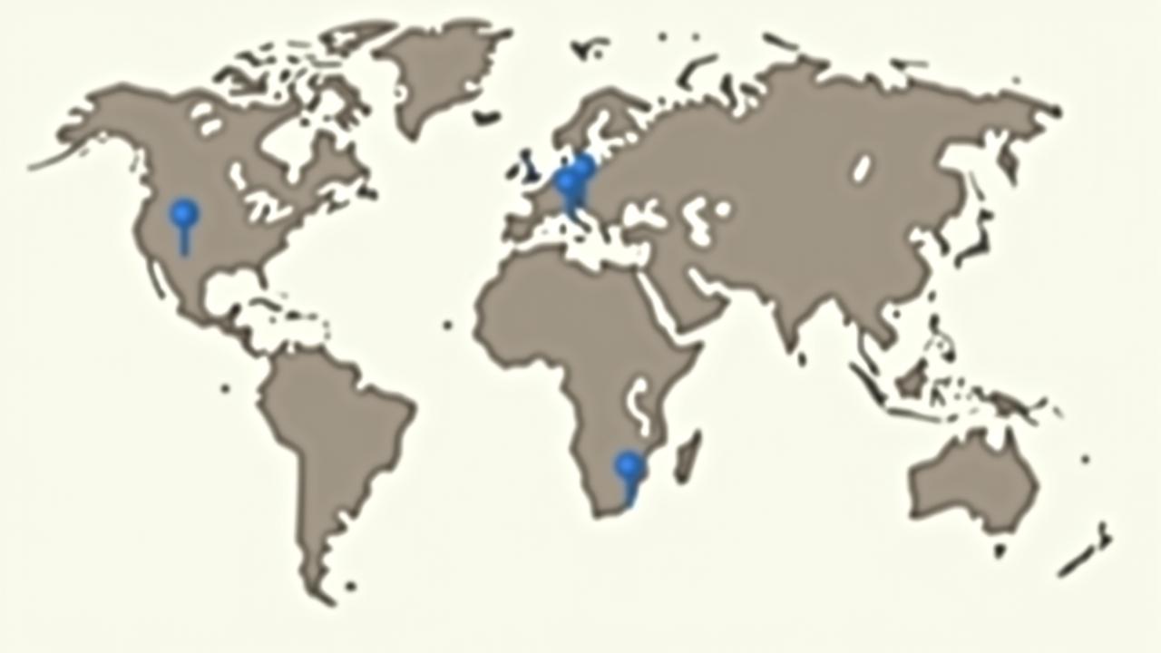 Stylized world map with pins highlighting WanderWorld destinations, in earthy tones