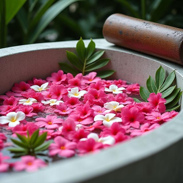 Luxurious flower bath adorned with frangipani and hibiscus